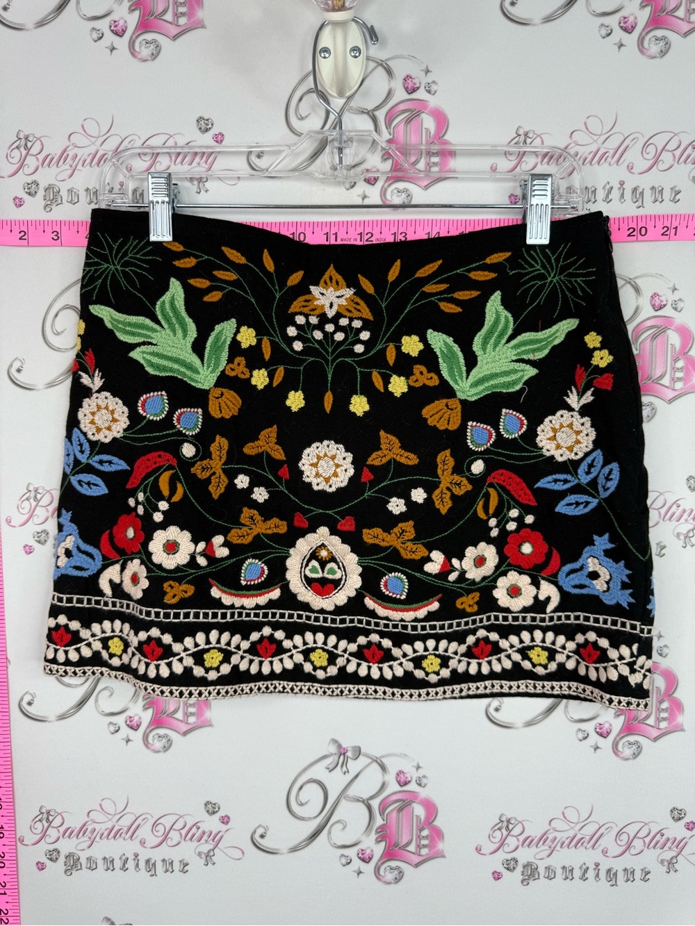 Skirt Embroidered Floral Black Mini Skirt - Multicolor